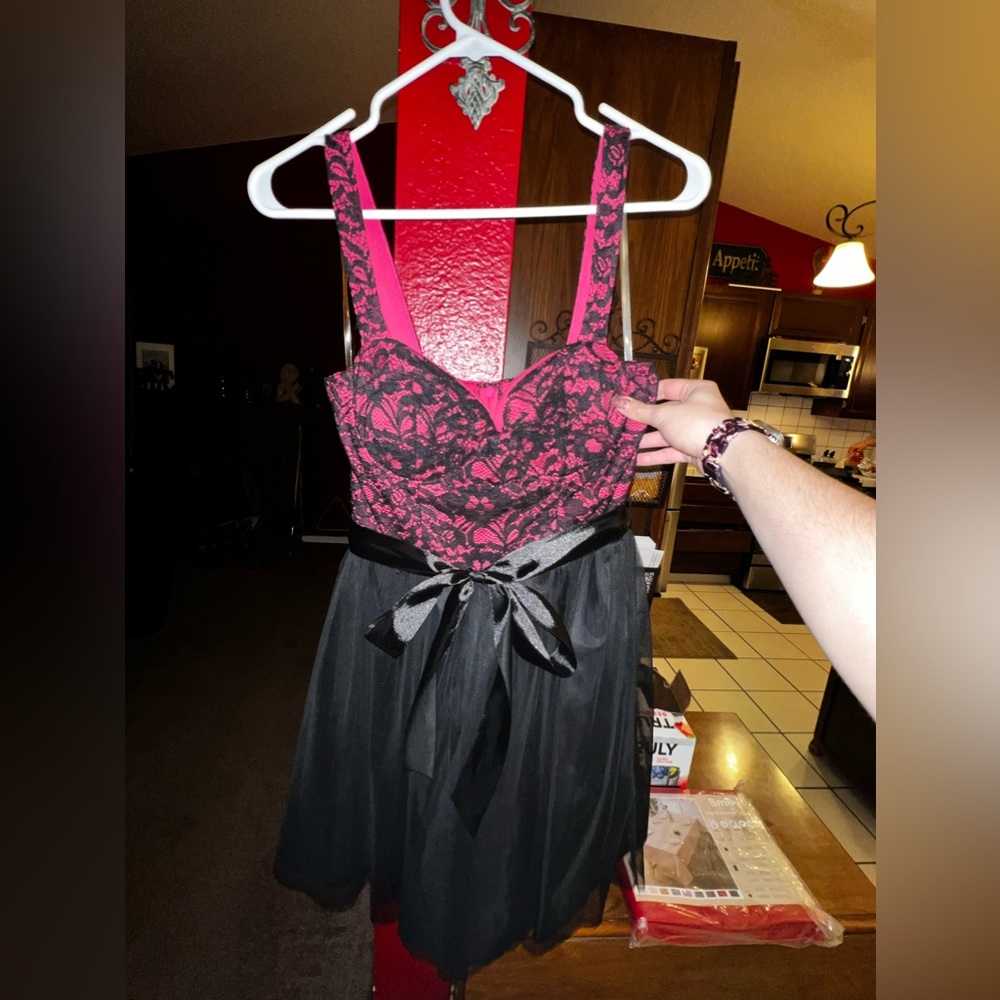 pink and black lace dress